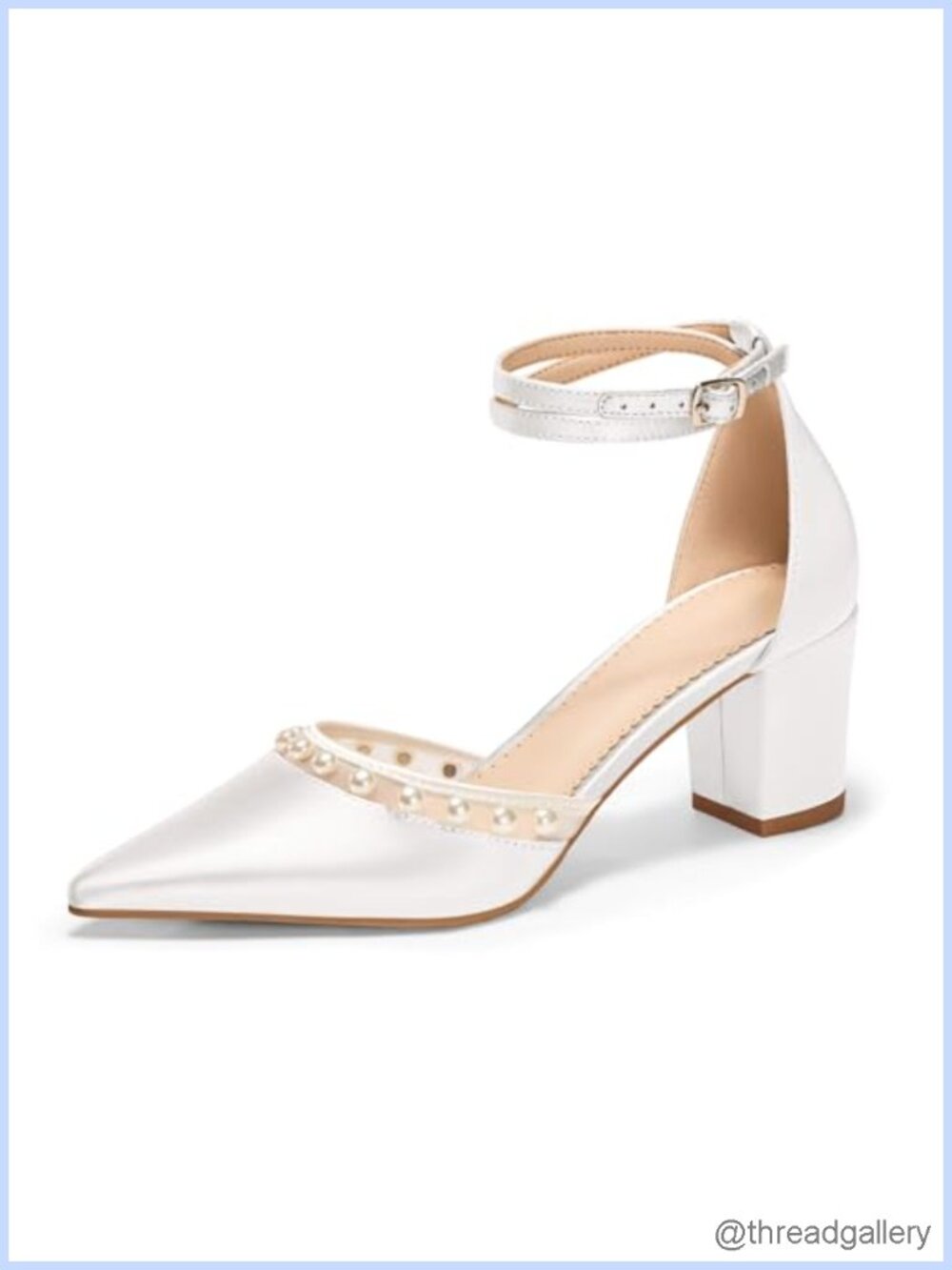 Satin Chunky Heel Pumps with Pearl Embellishments and Pointed Toe